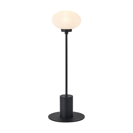 Addie G9 table lamp with an oval opal glass shade on a slender satin black stem and round black base, shown against a plain white background.