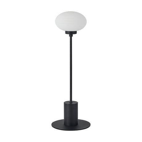Addie G9 Table Lamp 14cm in satin black, with an oval opal glass shade atop a slim stem and round disc base, set against a plain white background.