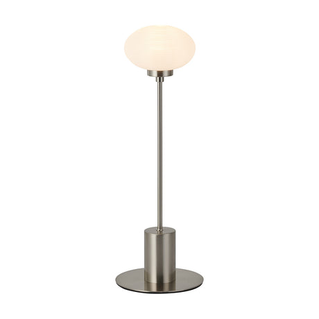 Addie G9 Table Lamp in satin nickel, featuring a 14cm opal glass oval shade on a slim stem with a round base, shown on a plain white background.