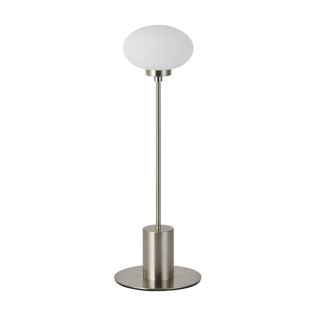 Addie G9 Table Lamp 14cm in satin nickel, with an oval opal glass shade on a slim stem and round base, set against a plain white background.