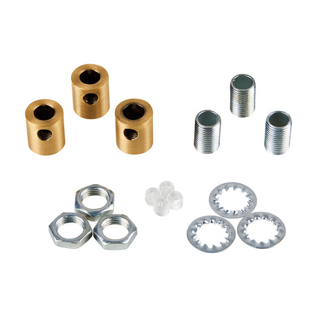 Hayes Cable Grip 17mm kit in brass, with three threaded barrels, matching nuts and serrated washers, plus clear plastic grub screws, shown on a white background.