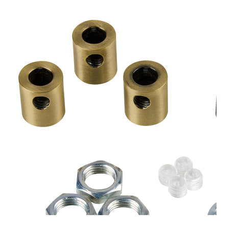 Hayes Cable Grip 17mm brass cylinders with grub screw holes, shown with matching steel nuts and clear plastic grub screws on a white background.