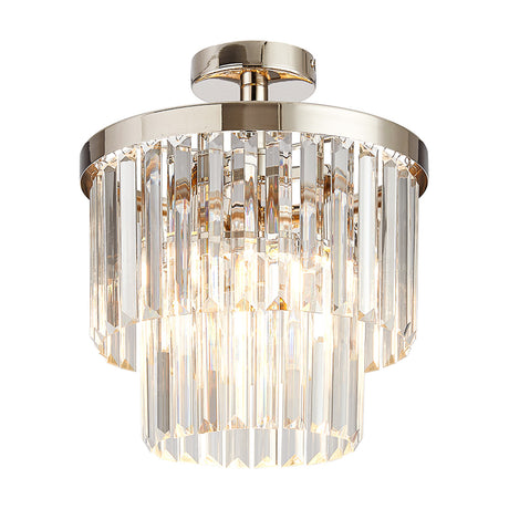 Cosette 3 Light Semi Flush Ceiling Light, 30cm, with tiered clear K9 crystal prisms and a polished nickel frame, shown lit against a plain white background.