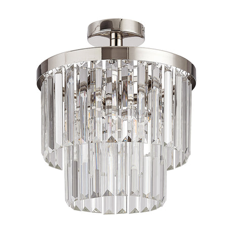 Cosette 3 Light Semi Flush Ceiling Light in polished nickel with tiered clear crystal prisms, 30cm, shown on a plain white background.