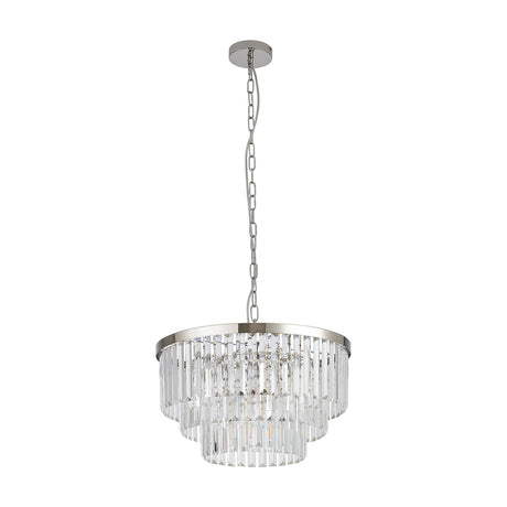 Cosette 5 Light Semi Flush Ceiling Light 50cm in polished nickel with tiered clear crystal glass drops, suspended from a chain on a plain white background.