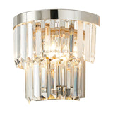 Cosette 2 Light E14 wall light in polished nickel with clear K9 crystal rods in two tiers, shown lit against a plain white background.