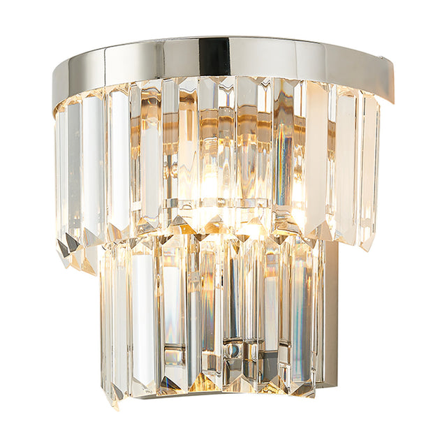 Cosette 2 Light E14 wall light in polished nickel with clear K9 crystal rods in two tiers, shown lit against a plain white background.