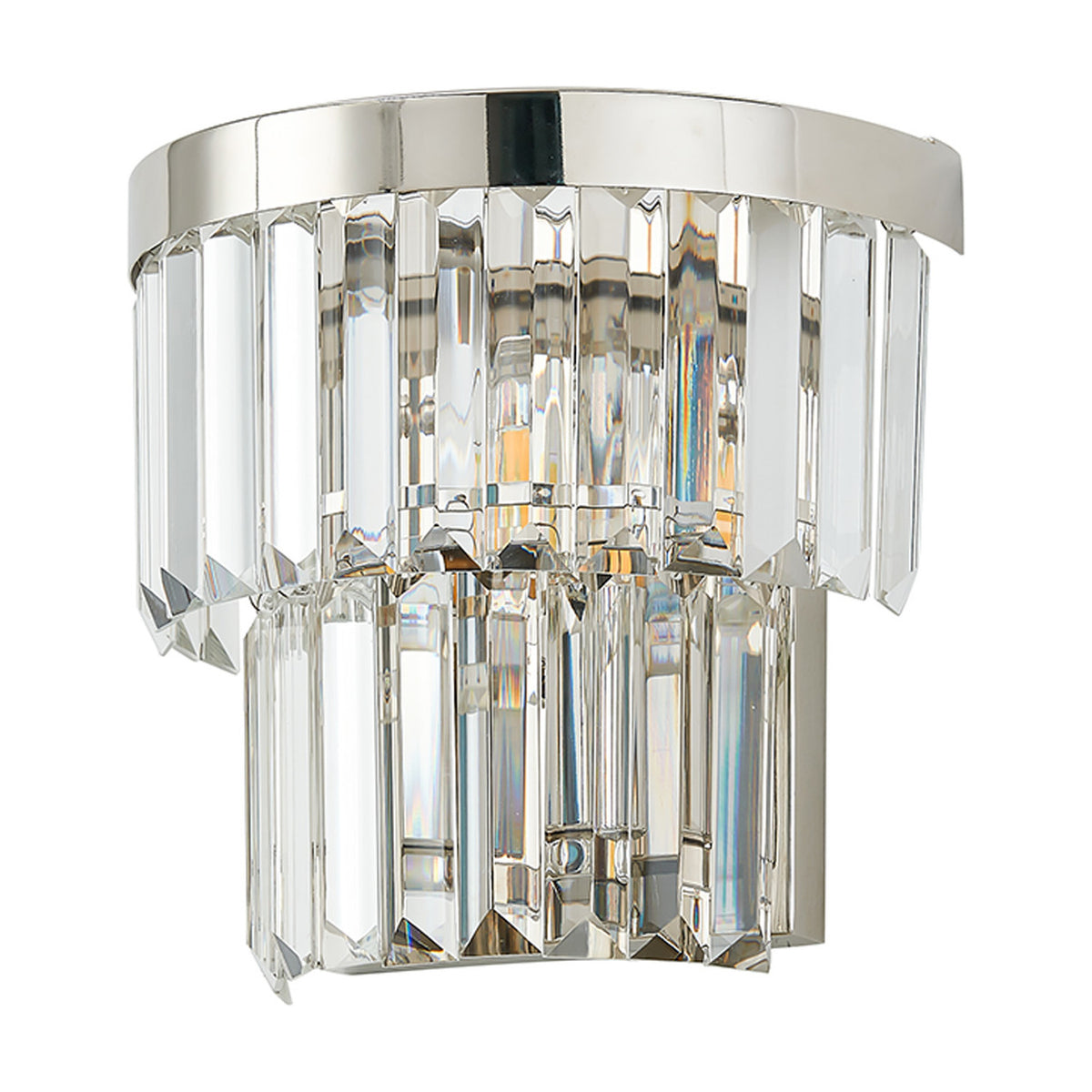 Cosette 2 Light E14 wall light in polished nickel with two-tier clear K9 crystal prisms, shown on a plain white background.