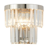 Cosette 2 Light E14 wall light with polished nickel frame and tiered clear K9 crystal drops, lit candle bulbs visible, shown on a plain white background.