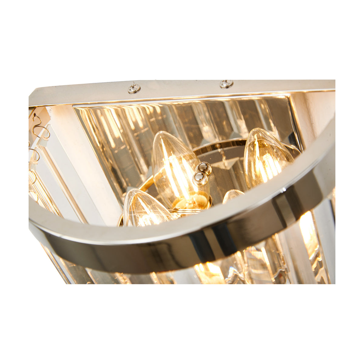 Close-up of the Cosette 2 Light E14 Wall Light in polished nickel, showing clear K9 crystal detailing and two glowing candle lamps against a mirrored backplate.