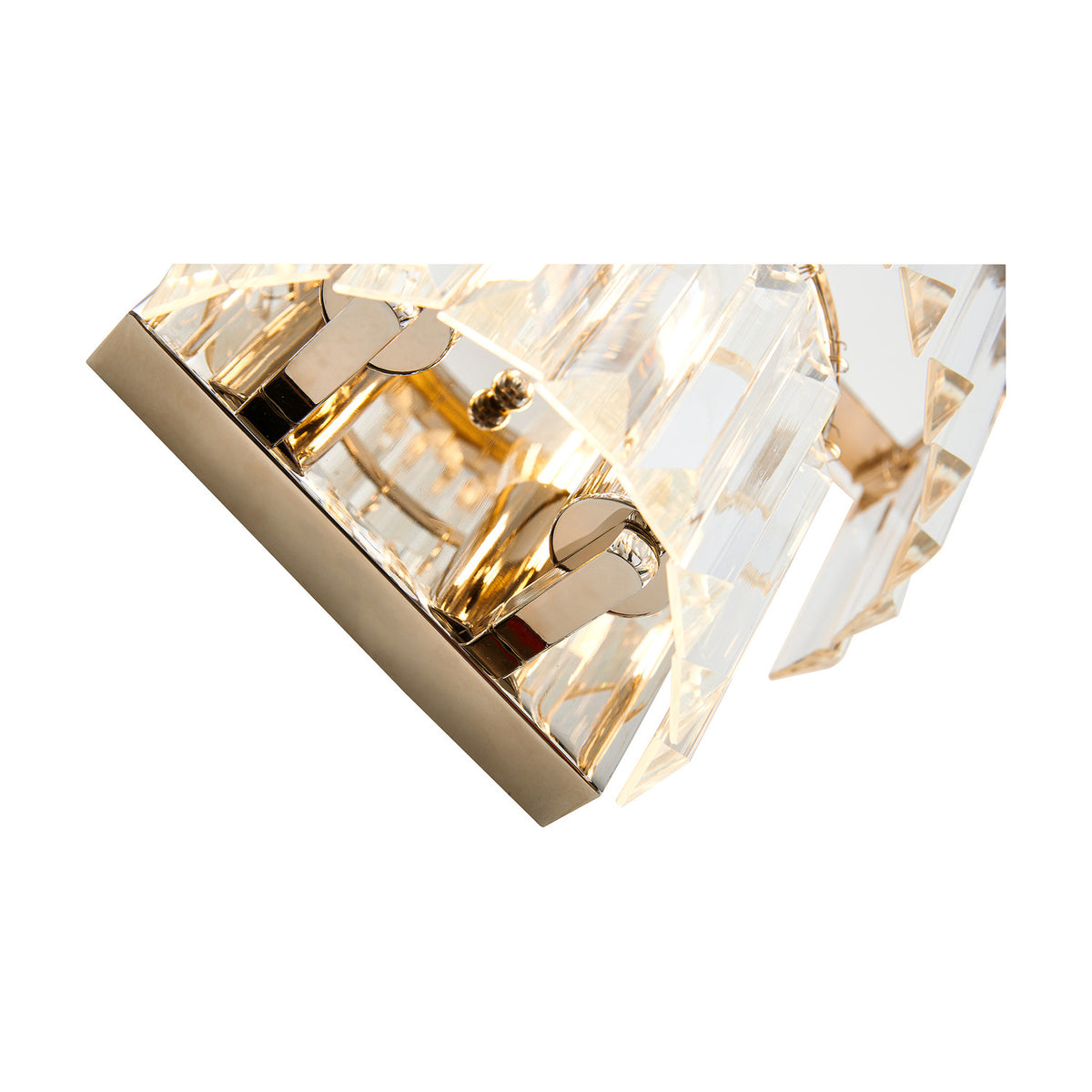 Close-up of the Cosette 2 Light E14 Wall Light in polished nickel with clear K9 crystal panels, showing candle lamp fittings and mounting hardware on a white background.