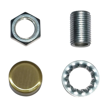 Hayes Thumb Nut 15mm lighting fixings set on a white background, showing a chrome hex nut, threaded rod, star washer, and antique brass round cap.