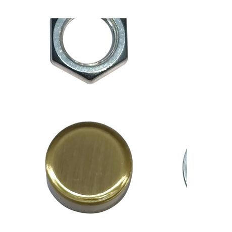 Hayes Thumb Nut 15mm in antique brass finish, shown as a round domed cap beside a chrome hex nut, on a plain white background.