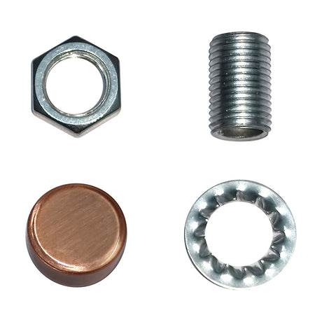 Hayes Thumb Nut 15mm lighting fixing set on a white background, showing a hexagonal steel nut, a threaded steel connector, an antique copper domed cap, and a steel serrated washer.