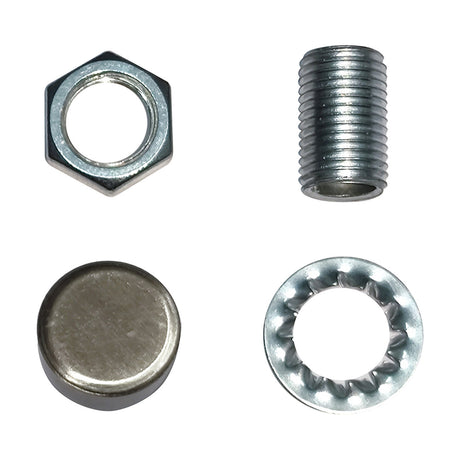 Hayes Thumb Nut 15mm lighting fitting components in antique silver, including hex nut, threaded rod, domed cap, and toothed washer on a plain white background.