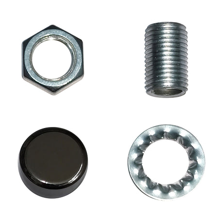 Hayes Thumb Nut 15mm lighting fixing set on a white background, showing a hexagonal nut, threaded pipe section, black chrome domed cap, and toothed washer.