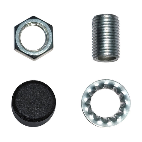 Hayes Thumb Nut 15mm lighting accessory set in matt black, showing hex nut, threaded sleeve, dome cap, and toothed washer on a plain white background.