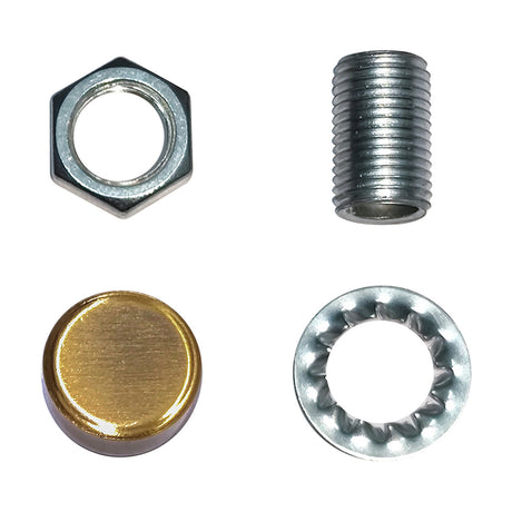 Set of four lighting fixing accessories on a white background: a hex nut, a threaded metal sleeve, a brass Hayes thumb nut, and a serrated steel washer.