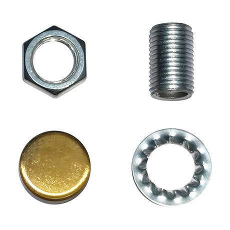 Hayes Thumb Nut 15mm lighting fixings shown as hex nut, threaded rod, gilt bronze dome cap, and toothed lock washer on a white background.