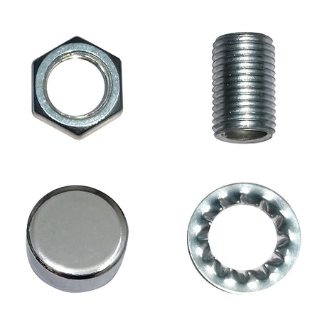 Hayes Thumb Nut 15mm lighting accessory set in polished chrome, showing hex nut, threaded lamp nipple, cap, and serrated washer on a white background.