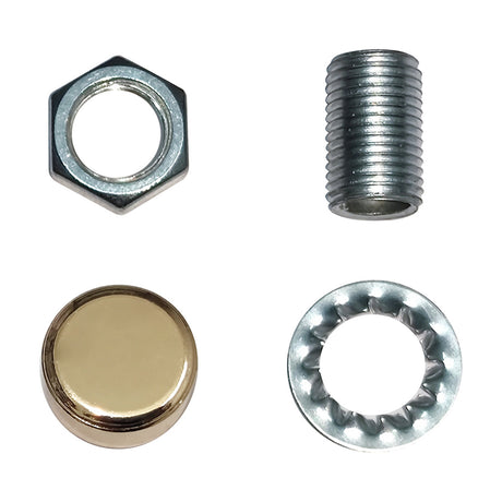 Hayes Thumb Nut 15mm in French Gold shown with a chrome hexagon nut, threaded metal insert, and toothed washer on a plain white background.
