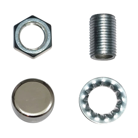 Hayes Thumb Nut 15mm in polished nickel, shown with matching threaded stem, domed cap, and toothed washer components on a white background.