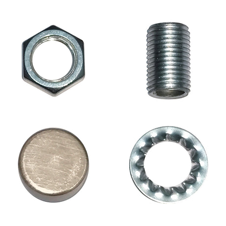 Hayes Thumb Nut 15mm lighting fitting set in satin nickel, showing hex nut, threaded tube, dome cap, and toothed lock washer on a white background.