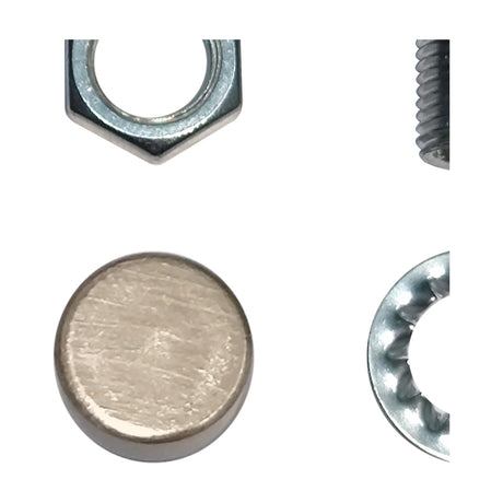 Hayes Thumb Nut 15mm in satin nickel, shown as a round domed fixing head with brushed metal finish, alongside a hex nut, threaded bolt, and serrated washer on a white background.
