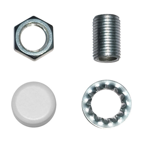 Hayes Thumb Nut 15mm lighting fitting set on a white background, including a hex nut, threaded rod, matt white dome cap, and serrated washer, all in metal with a white finish.