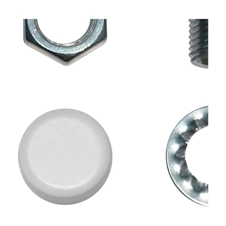 Hayes Thumb Nut 15mm in matt white, a small round fixing shown alongside a chrome hex nut, bolt, and toothed washer on a plain white background.