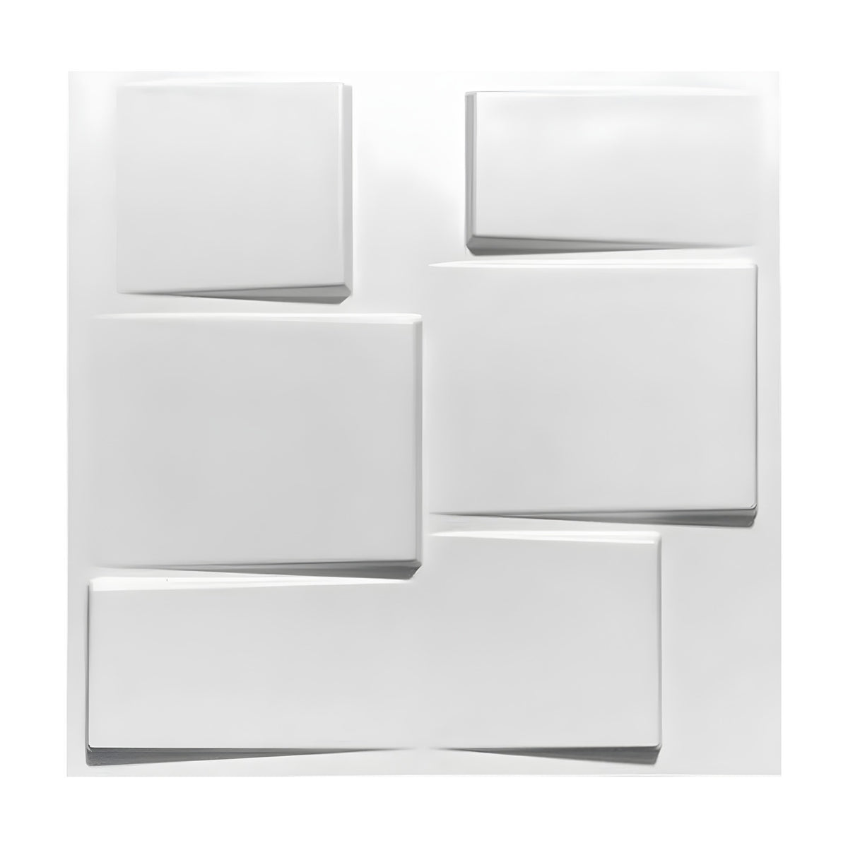 White 3D PVC wall panel, 50 x 50cm, with six tilted rectangular blocks in mixed sizes arranged in offset rows against a plain white background.