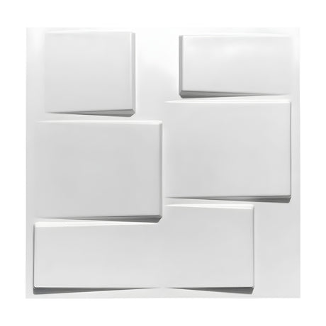White 3D PVC wall panel, 50 x 50cm, with six tilted rectangular blocks in mixed sizes arranged in offset rows against a plain white background.