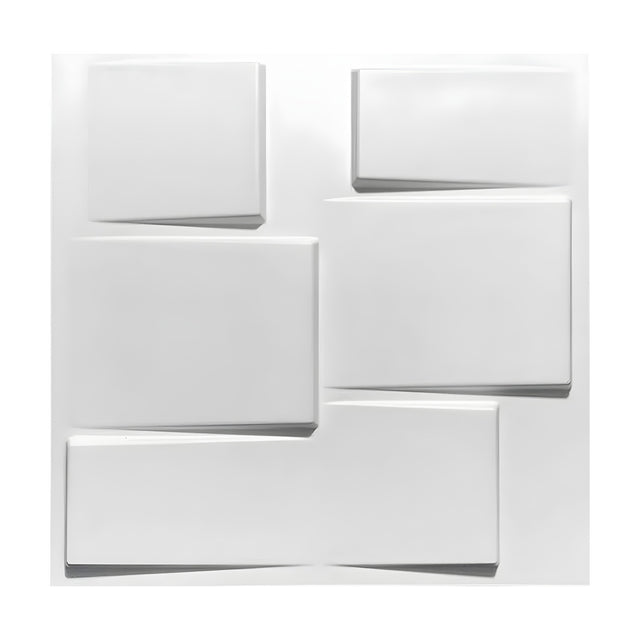 White 3D PVC wall panel, 50 x 50cm, with six tilted rectangular blocks in mixed sizes arranged in offset rows against a plain white background.