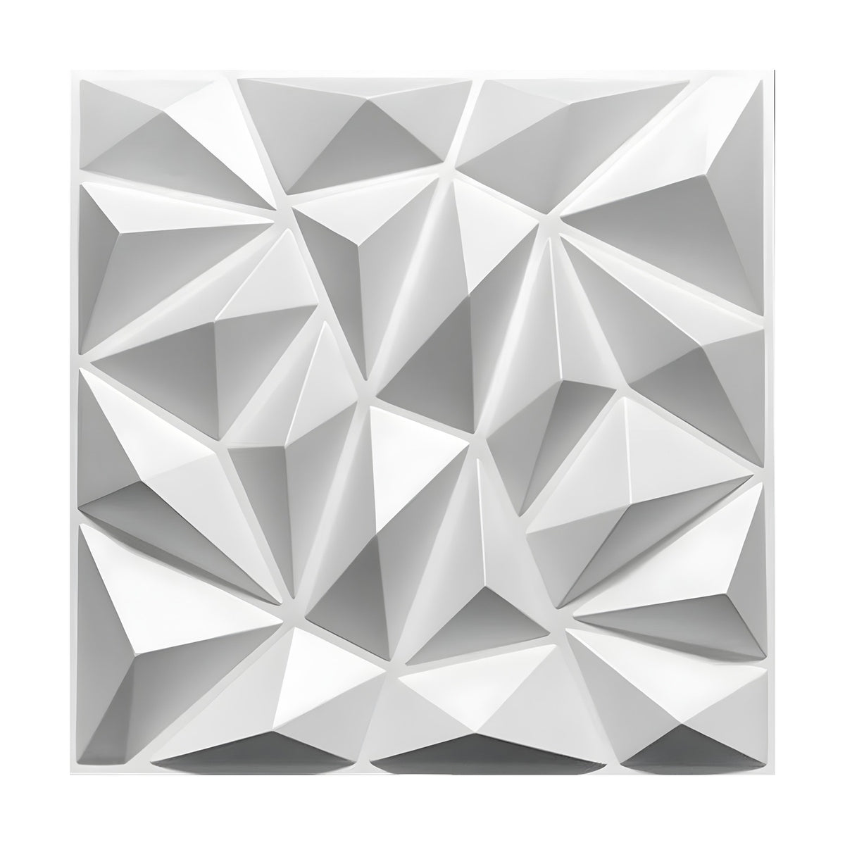 White PVC 3D wall panel, 50 x 50cm, featuring irregular faceted pyramids with triangular peaks in a geometric pattern, shown on a plain white background.