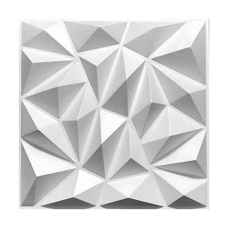 White PVC 3D wall panel, 50 x 50cm, featuring irregular faceted pyramids with triangular peaks in a geometric pattern, shown on a plain white background.