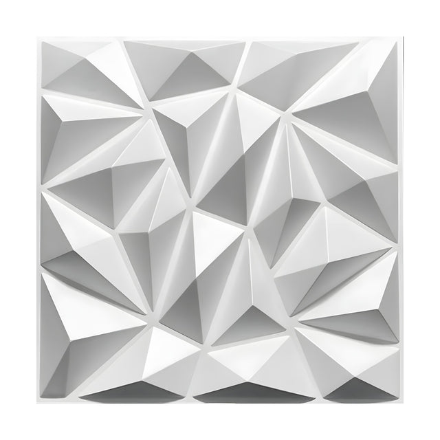 White PVC 3D wall panel, 50 x 50cm, featuring irregular faceted pyramids with triangular peaks in a geometric pattern, shown on a plain white background.