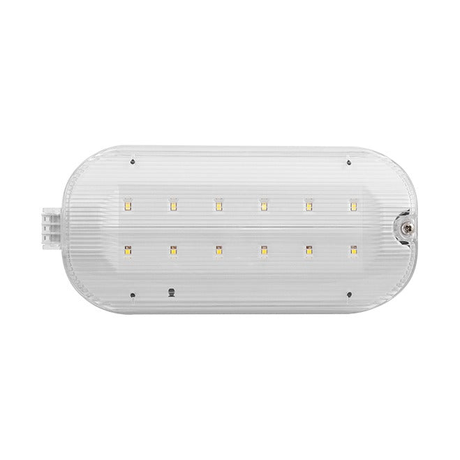 ESP Duceri 3W LED emergency bulkhead in white polycarbonate with oval IP65 diffuser showing twelve SMD LEDs in two rows, on a plain background.