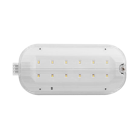 ESP Duceri 3W LED emergency bulkhead in white polycarbonate with oval IP65 diffuser showing twelve SMD LEDs in two rows, on a plain background.