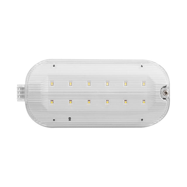 ESP Duceri 3W LED emergency bulkhead in white polycarbonate with oval IP65 diffuser showing twelve SMD LEDs in two rows, on a plain background.