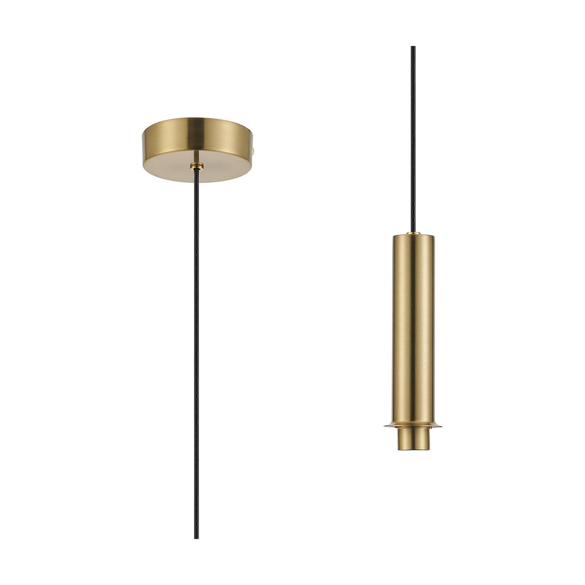 Wick G9 pendant light with a round brass gold ceiling rose and black flex, shown beside its compact tapered 80mm cylindrical shade in brushed brass gold, on a plain white background.