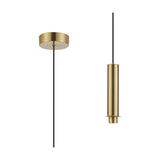 Wick G9 pendant light with a round brass gold ceiling rose and black flex, shown beside its compact tapered 80mm cylindrical shade in brushed brass gold, on a plain white background.