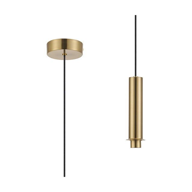 Wick G9 pendant light with a round brass gold ceiling rose and black flex, shown beside its compact tapered 80mm cylindrical shade in brushed brass gold, on a plain white background.