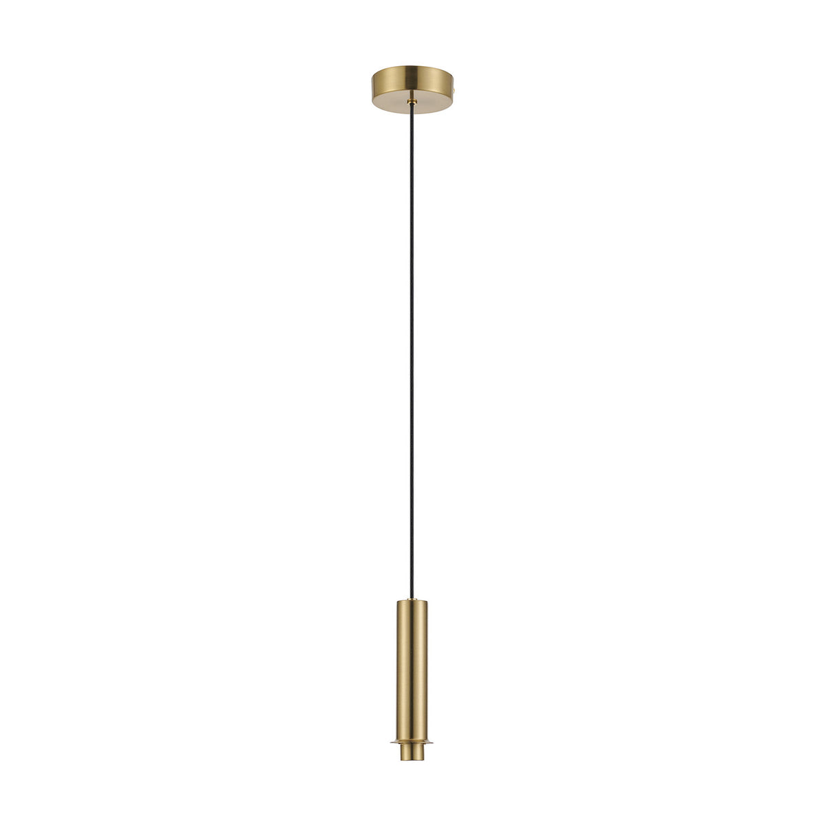 Wick G9 pendant light with a slim tapered brass gold cylinder shade on a black cord and matching round ceiling rose, shown against a plain white background.