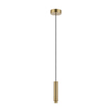 Wick G9 pendant light with a slim tapered brass gold cylinder shade on a black cord and matching round ceiling rose, shown against a plain white background.