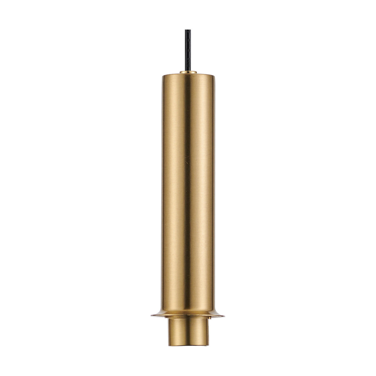Wick G9 pendant light with a slim tapered 80mm brass gold cylindrical body, ribbed base, and black flex cable, shown on a plain white background.