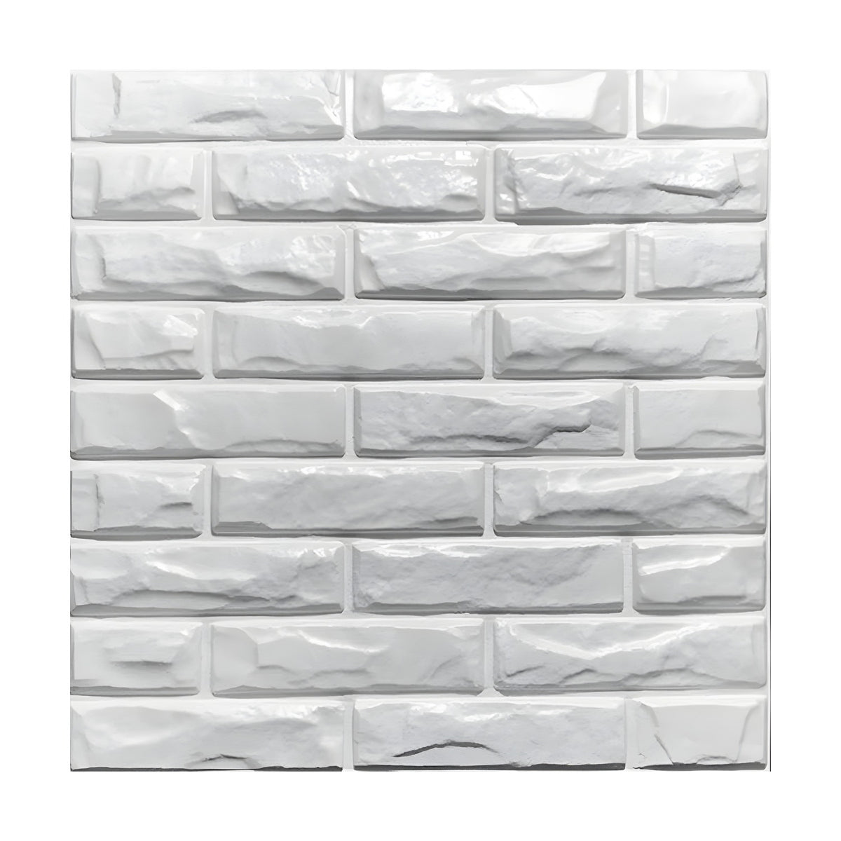 White PVC 3D wall panel, 50 x 50cm, moulded in split-face brick design with nine running-bond courses, glossy finish, shown on a plain background.