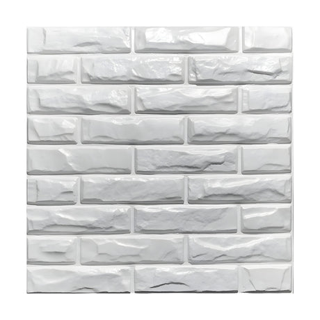 White PVC 3D wall panel, 50 x 50cm, moulded in split-face brick design with nine running-bond courses, glossy finish, shown on a plain background.