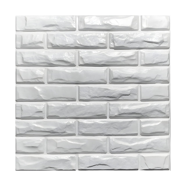White PVC 3D wall panel, 50 x 50cm, moulded in split-face brick design with nine running-bond courses, glossy finish, shown on a plain background.