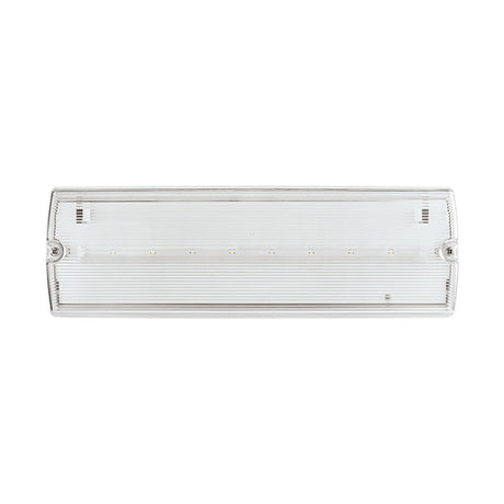 ESP Duceri emergency bulkhead with white polycarbonate housing, clear ribbed diffuser and row of integrated LEDs, IP65 rated, on a plain background.
