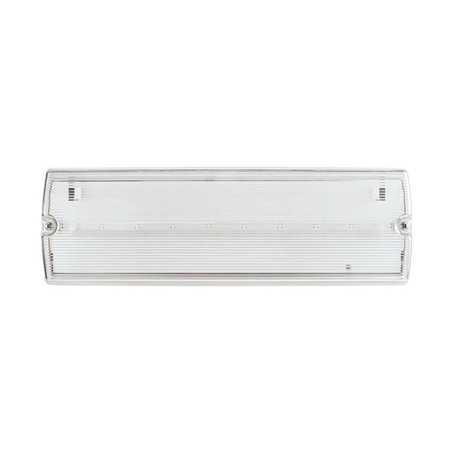 ESP Duceri emergency bulkhead with white polycarbonate housing, clear ribbed diffuser and row of integrated LEDs, IP65 rated, on a plain background.